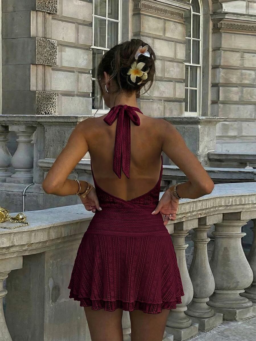 Verena™ | Lace Jacquard Halter Mini Dress