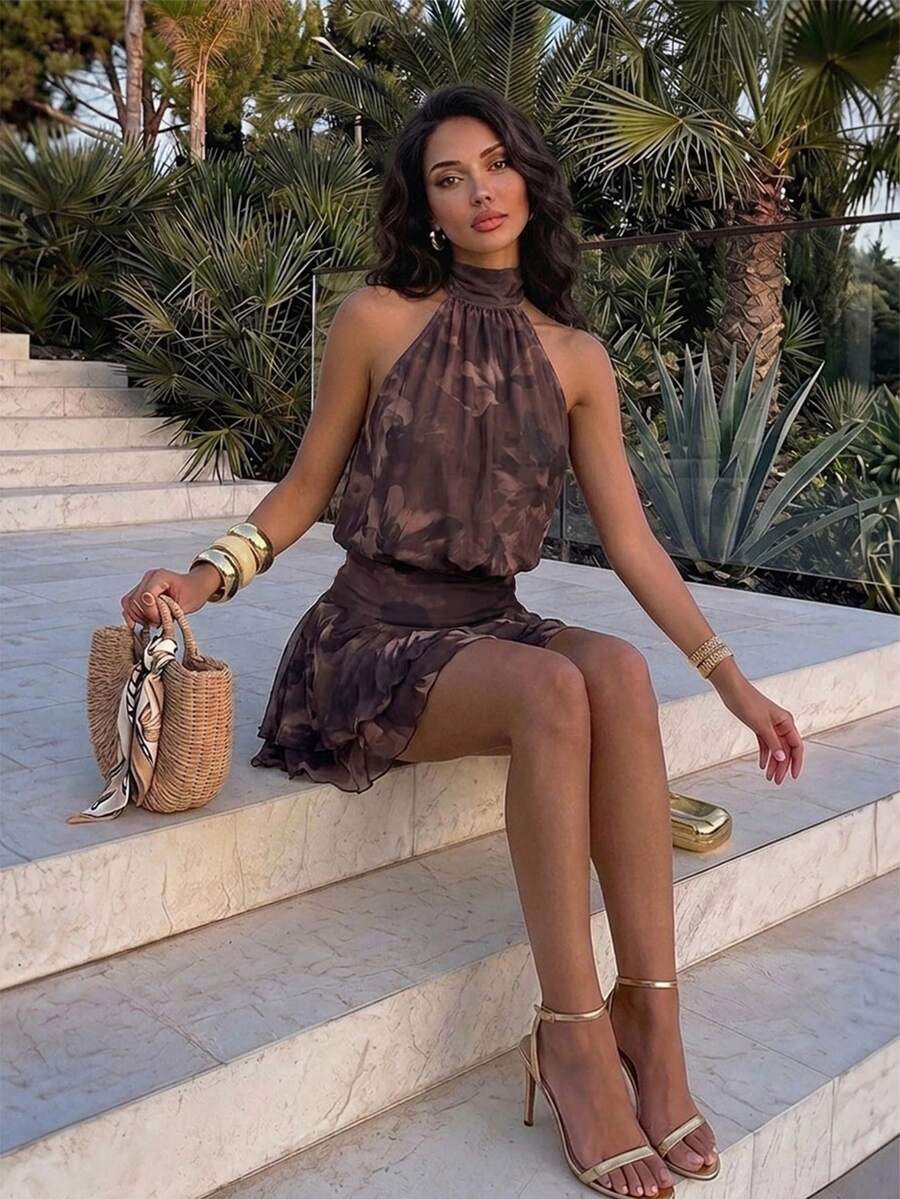 Verena™ | Lace Jacquard Halter Mini Dress