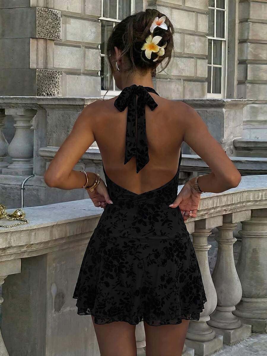 Verena™ | Lace Jacquard Halter Mini Dress