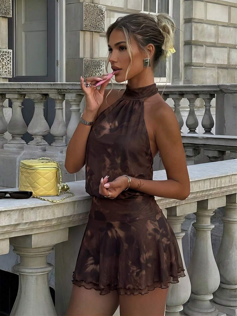 Verena™ | Lace Jacquard Halter Mini Dress
